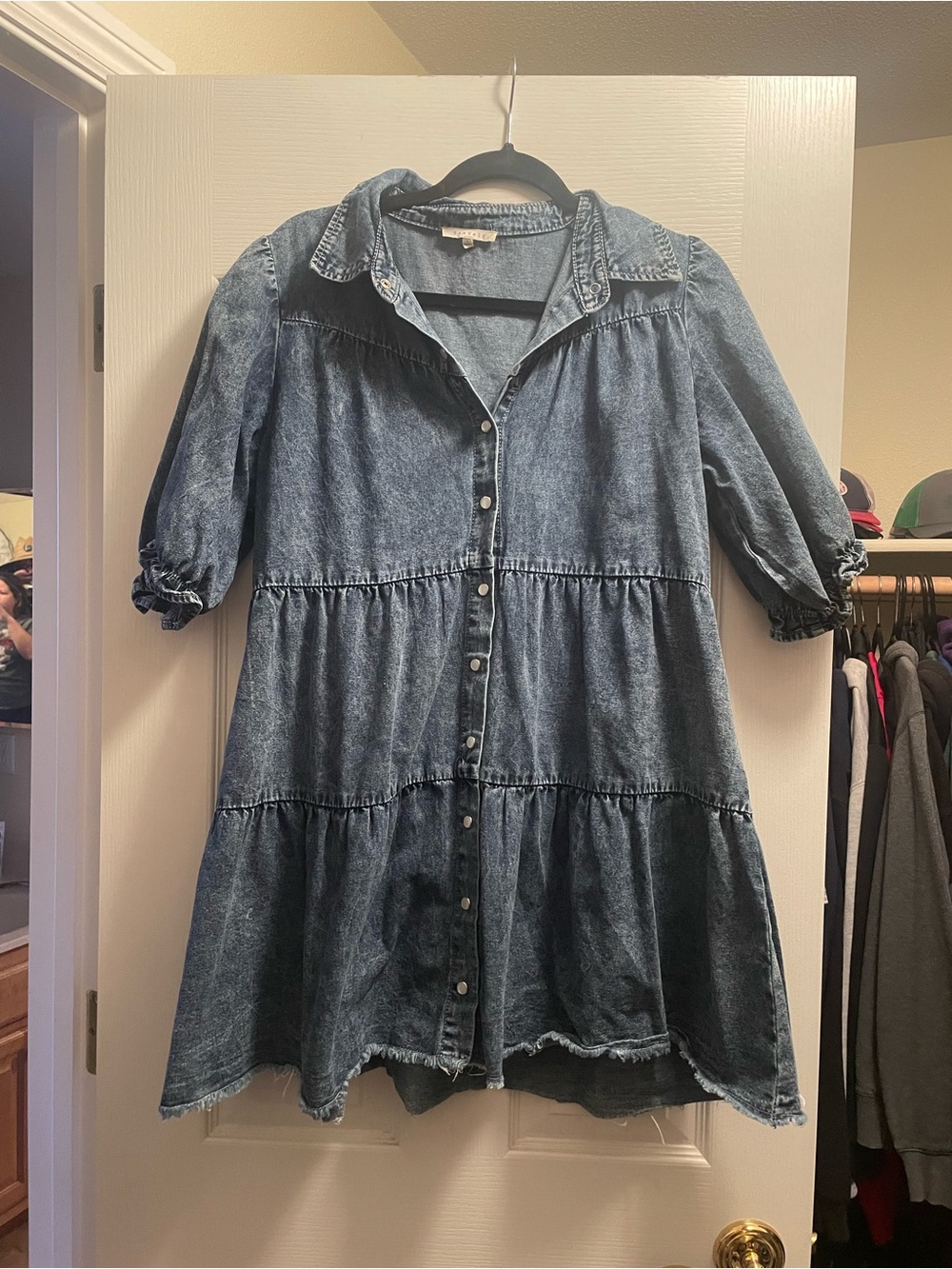 PinkBlush Maternity Blue Chambray Maternity Tiered Shirt Dress